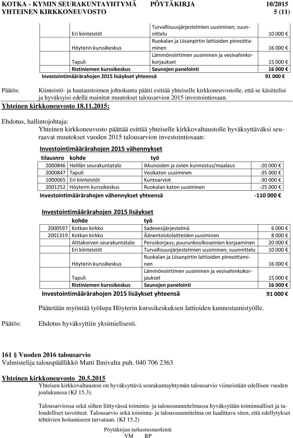 johtokunta päätti esittää yhteiselle kirkkoneuvostolle, että se käsittelisi ja hyväksyisi edellä mainitut muutokset talousarvion 2015 investointiosaan. Yhteinen kirkkoneuvosto 18.11.