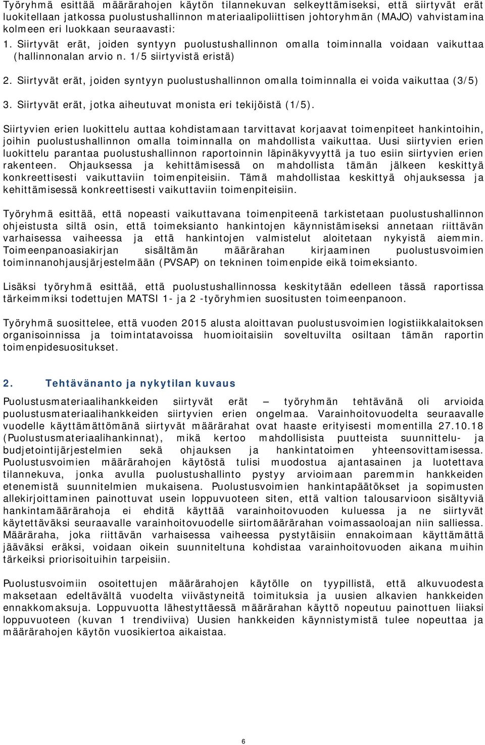 Siirtyvät erät, joiden syntyyn puolustushallinnon omalla toiminnalla ei voida vaikuttaa (3/5) 3. Siirtyvät erät, jotka aiheutuvat monista eri tekijöistä (1/5).