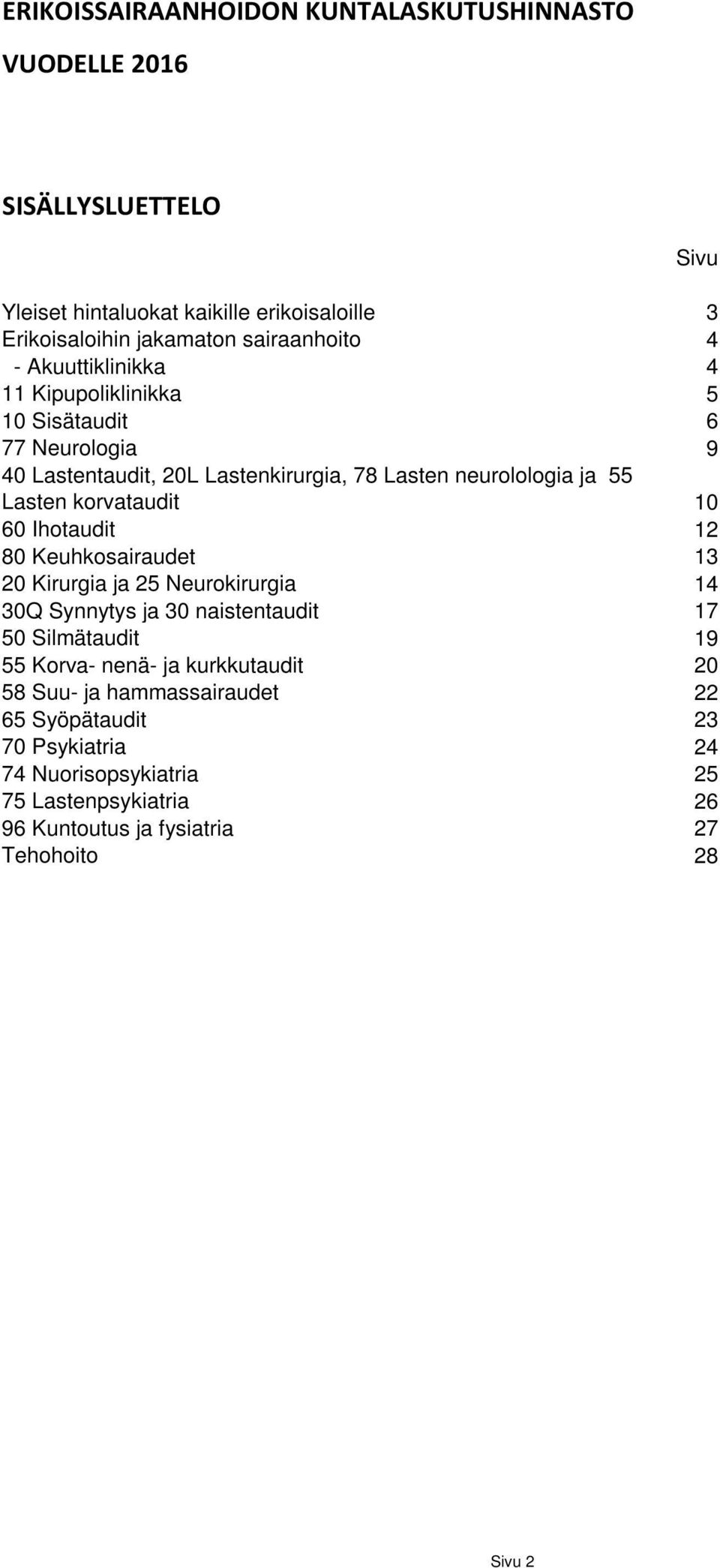 10 60 Ihotaudit 12 80 Keuhkosairaudet 13 20 Kirurgia ja 25 Neurokirurgia 14 30Q Synnytys ja 30 naistentaudit 17 50 Silmätaudit 19 55 Korva- nenä- ja kurkkutaudit