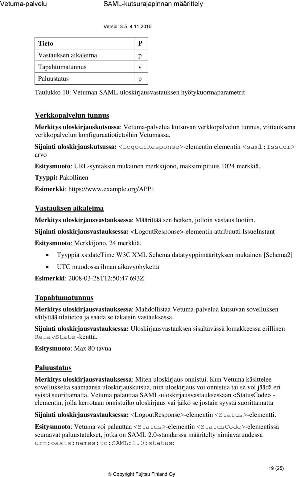 Sijainti uloskirjauskutsussa: <LogoutResponse>-elementin elementin <saml:issuer> arvo Esitysmuoto: URL-syntaksin mukainen merkkijono, maksimipituus 1024 merkkiä.