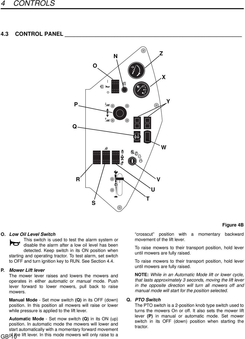 Mower Lift lever The mower lever raises and lowers the mowers and operates in either automatic or manual mode. Push lever forward to lower mowers, pull back to raise mowers.