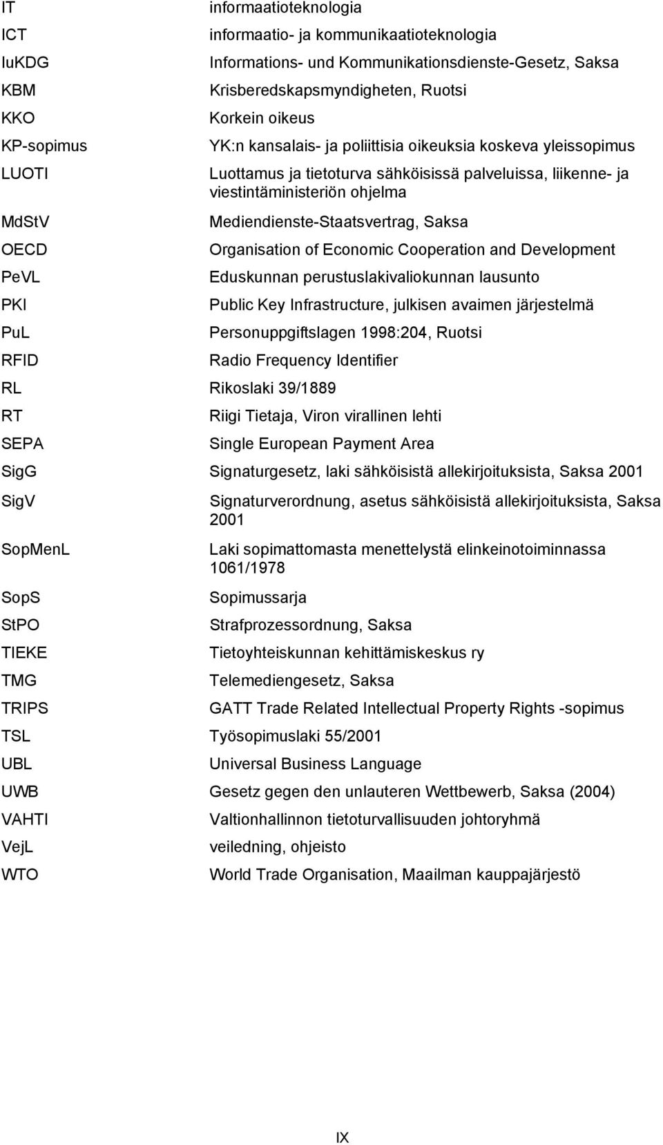 Saksa OECD Organisation of Economic Cooperation and Development PeVL Eduskunnan perustuslakivaliokunnan lausunto PKI Public Key Infrastructure, julkisen avaimen järjestelmä PuL Personuppgiftslagen