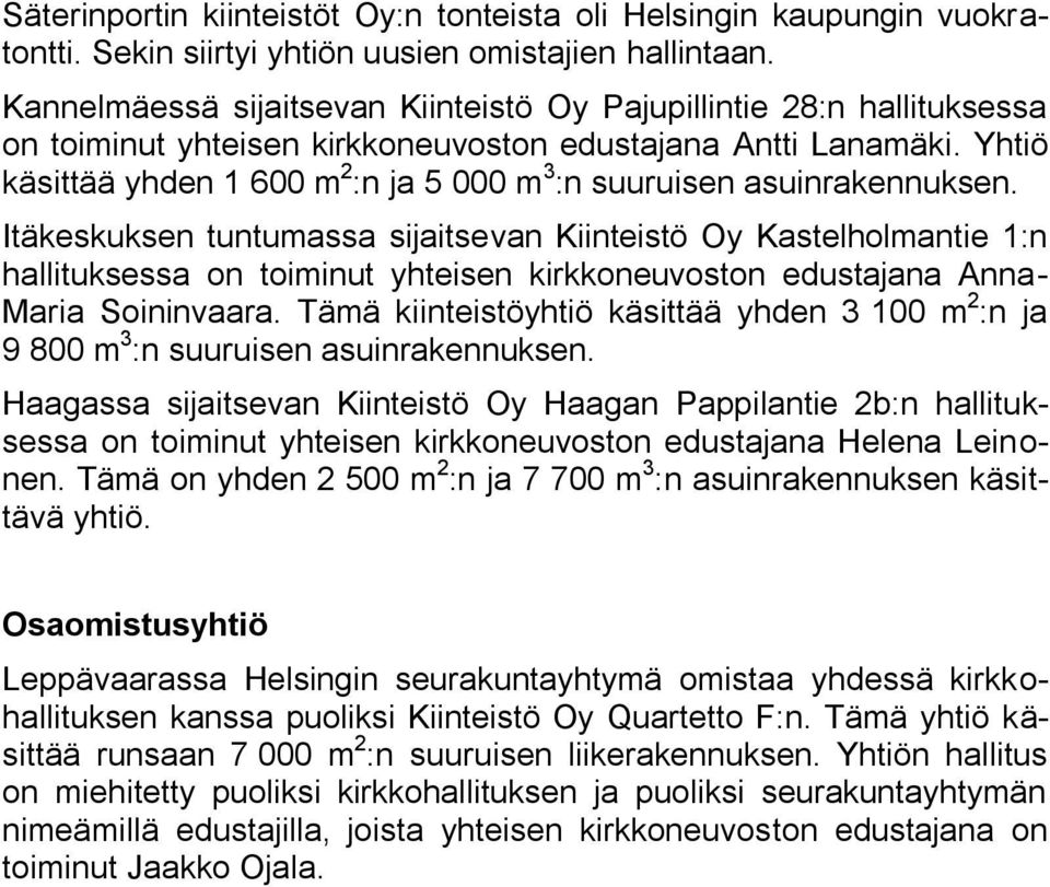 Yhtiö käsittää yhden 1 600 m 2 :n ja 5 000 m 3 :n suuruisen asuinrakennuksen.