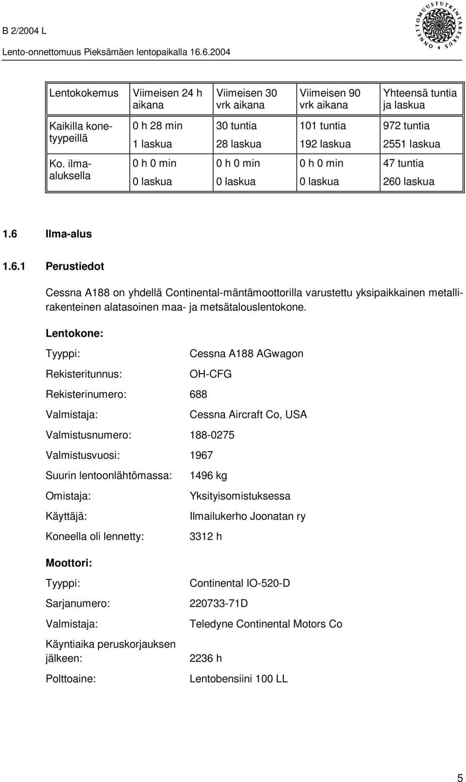 laskua 1.6 Ilma-alus 1.6.1 Perustiedot Cessna A188 on yhdellä Continental-mäntämoottorilla varustettu yksipaikkainen metallirakenteinen alatasoinen maa- ja metsätalouslentokone.