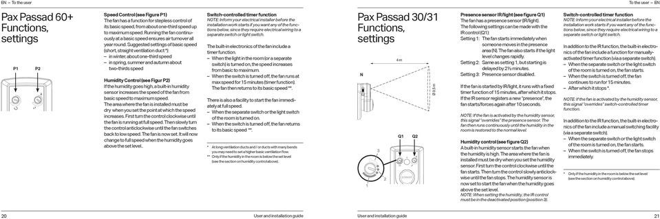 Suggested settings of basic speed (short, straight ventilation duct *): in winter, about one-third speed in spring, summer and autumn about two-thirds speed Humidity Control (see Figur P) If the