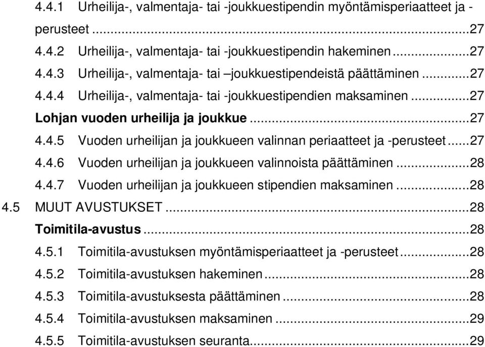 ..28 4.4.7 Vuoden urheilijan ja joukkueen stipendien maksaminen...28 4.5 MUUT AVUSTUKSET...28 Toimitila-avustus...28 4.5.1 Toimitila-avustuksen myöntämisperiaatteet ja -perusteet...28 4.5.2 Toimitila-avustuksen hakeminen.