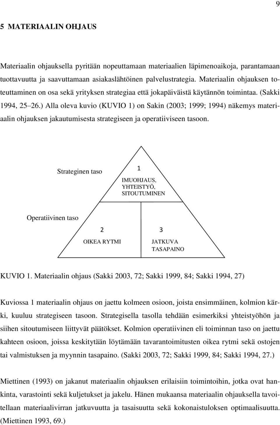 ) Alla oleva kuvio (KUVIO 1) on Sakin (2003; 1999; 1994) näkemys materiaalin ohjauksen jakautumisesta strategiseen ja operatiiviseen tasoon.