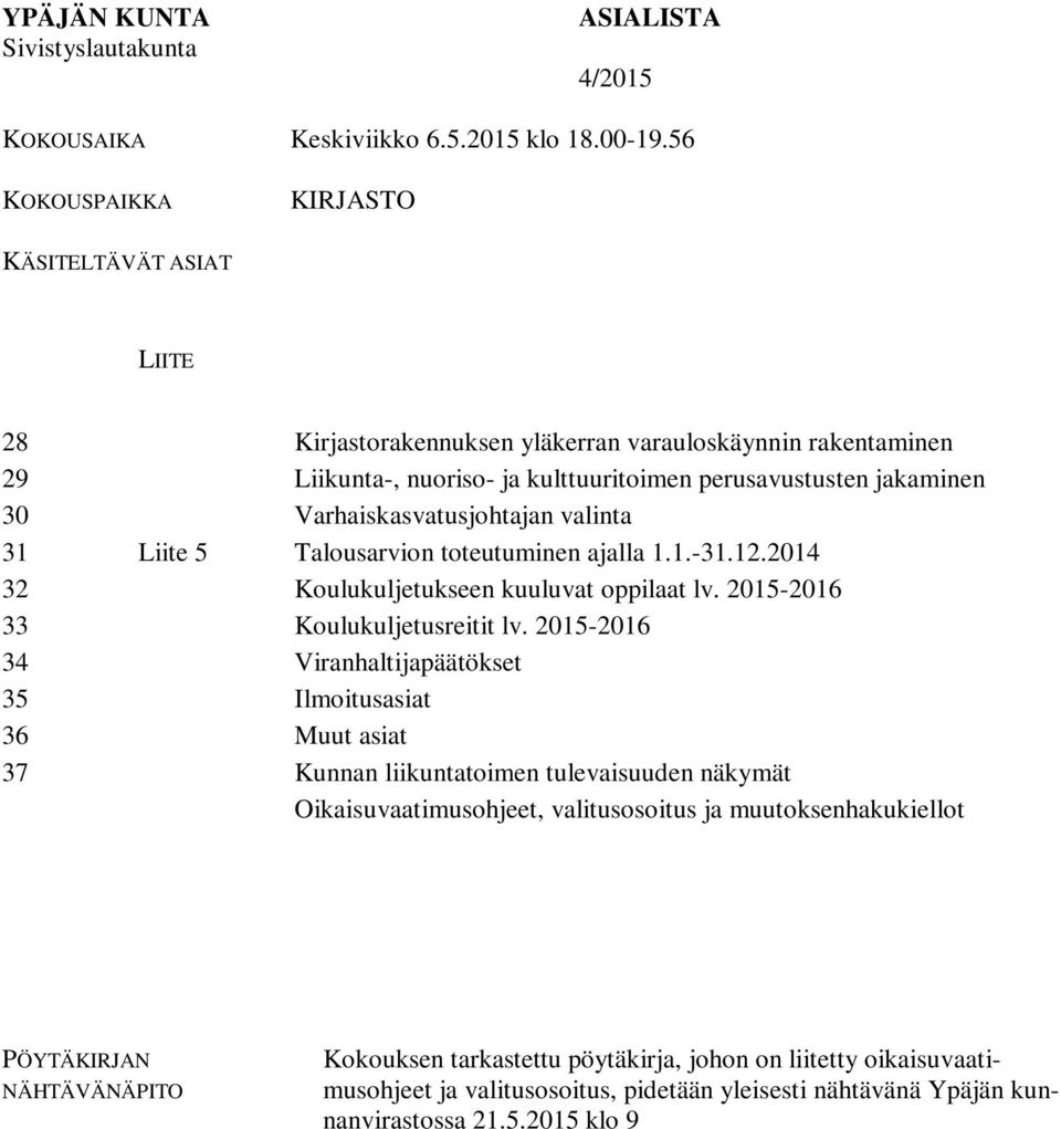 Varhaiskasvatusjohtajan valinta 31 Liite 5 Talousarvion toteutuminen ajalla 1.1.-31.12.2014 32 Koulukuljetukseen kuuluvat oppilaat lv. 2015-2016 33 Koulukuljetusreitit lv.