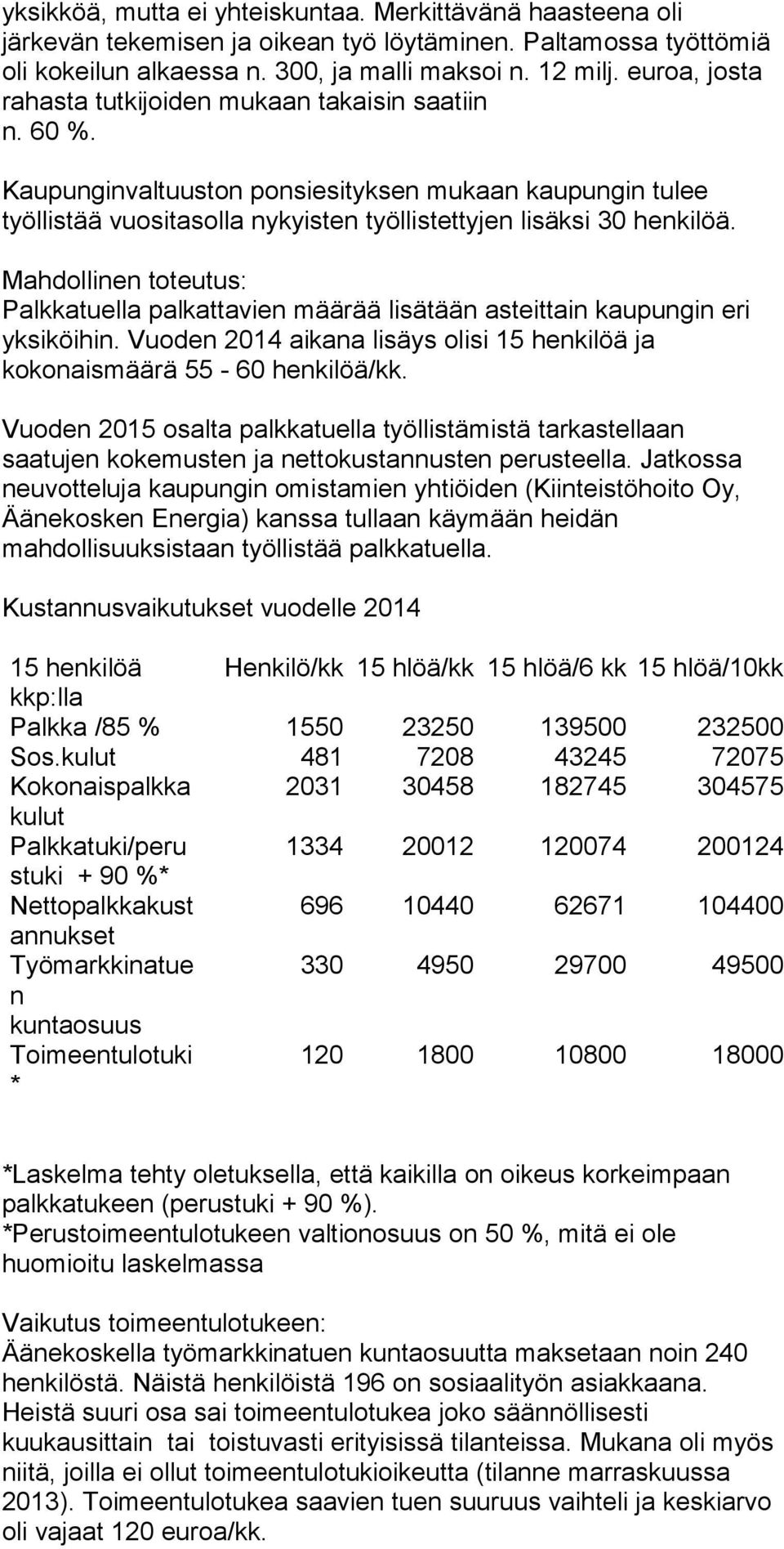 Mahdollinen toteutus: Palkkatuella palkattavien määrää lisätään asteittain kaupungin eri yksiköihin. Vuoden 2014 aikana lisäys olisi 15 henkilöä ja kokonaismäärä 55-60 henkilöä/kk.