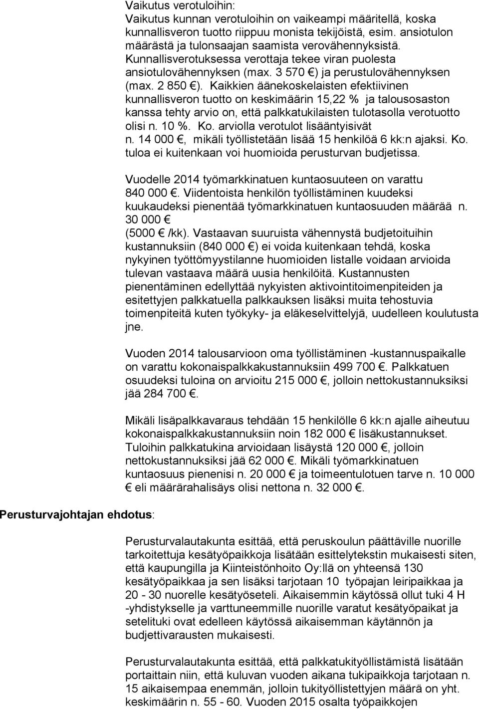 Kaikkien äänekoskelaisten efektiivinen kunnallisveron tuotto on keskimäärin 15,22 % ja talousosaston kanssa tehty arvio on, että palkkatukilaisten tulotasolla verotuotto olisi n. 10 %. Ko.