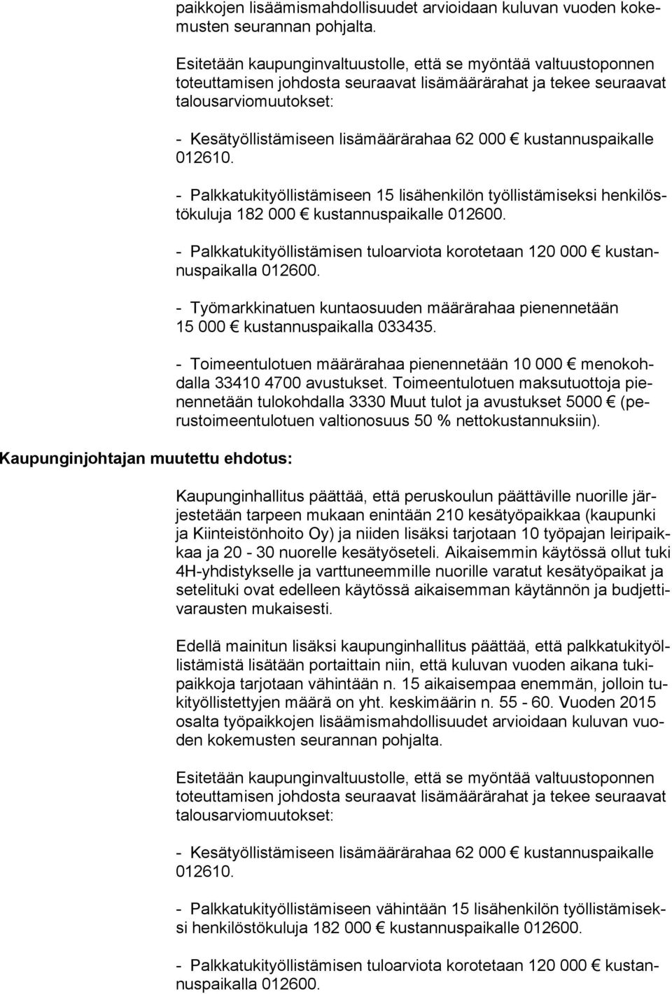 62 000 kustannuspaikalle 012610. - Palkkatukityöllistämiseen 15 lisähenkilön työllistämiseksi henkilöstökuluja 182 000 kustannuspaikalle 012600.