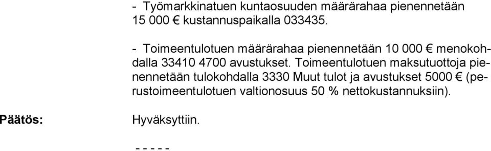 Toimeentulotuen maksutuottoja pienennetään tulokohdalla 3330 Muut tulot ja avustukset