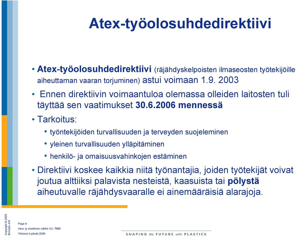 2006 mennessä Tarkoitus: työntekijöiden turvallisuuden ja terveyden suojeleminen yleinen turvallisuuden ylläpitäminen henkilö ja omaisuusvahinkojen