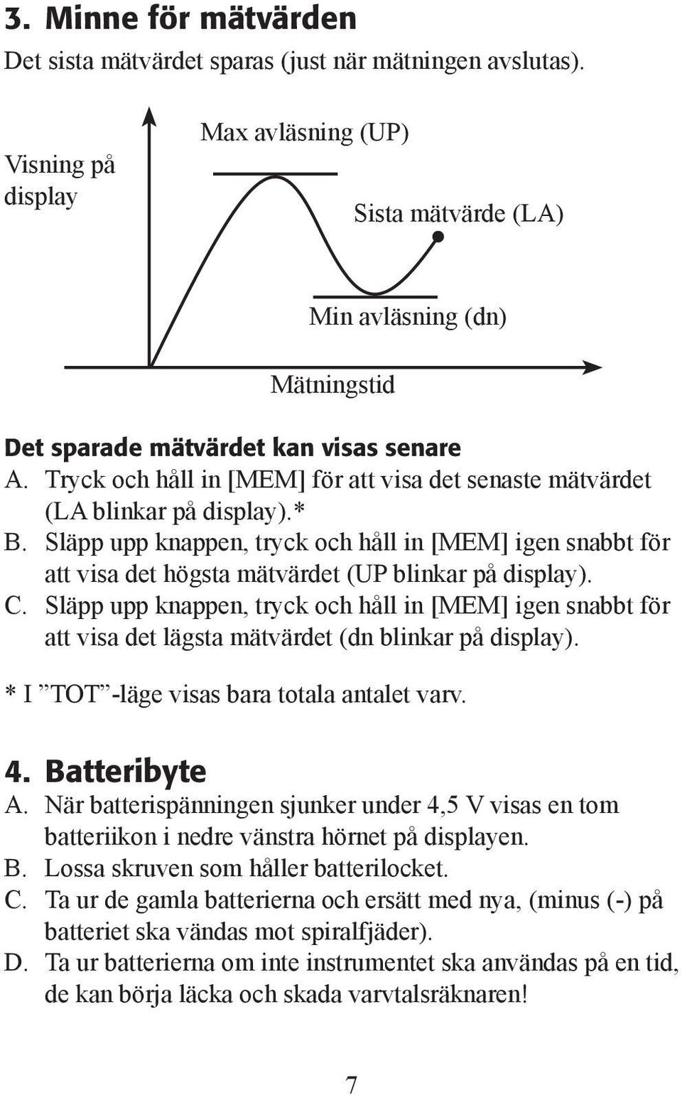 Tryck och håll in [MEM] för att visa det senaste mätvärdet (LA blinkar på display).* B.