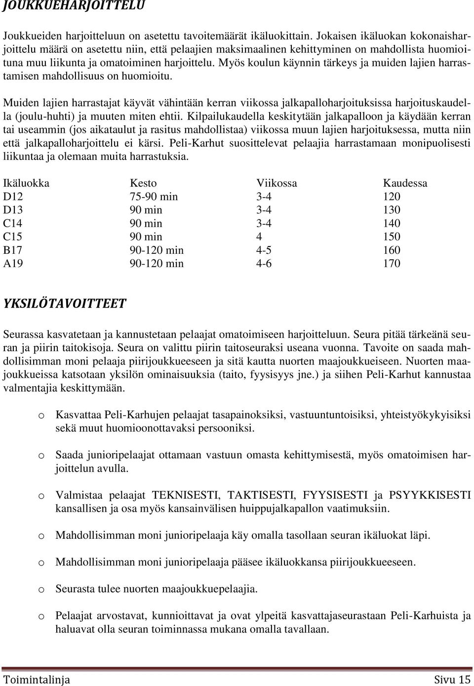 Myös koulun käynnin tärkeys ja muiden lajien harrastamisen mahdollisuus on huomioitu.