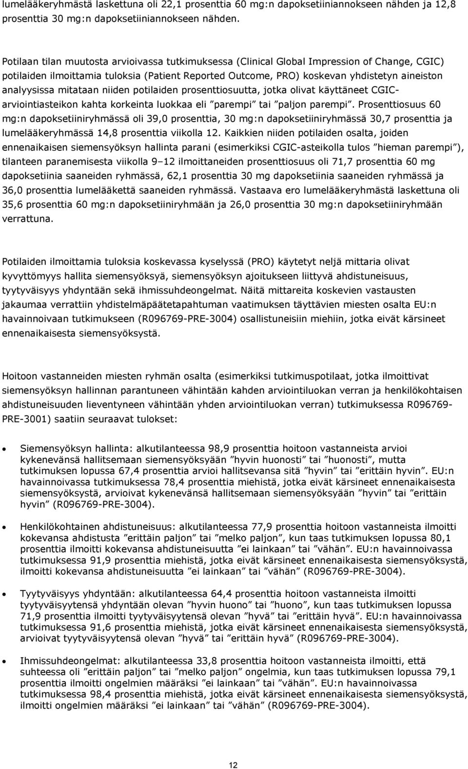 analyysissa mitataan niiden potilaiden prosenttiosuutta, jotka olivat käyttäneet CGICarviointiasteikon kahta korkeinta luokkaa eli parempi tai paljon parempi.