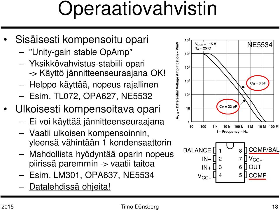 TL072, OPA627, NE5532 Ulkoisesti kompensoitava opari Ei voi käyttää jännitteenseuraajana Vaatii ulkoisen kompensoinnin,