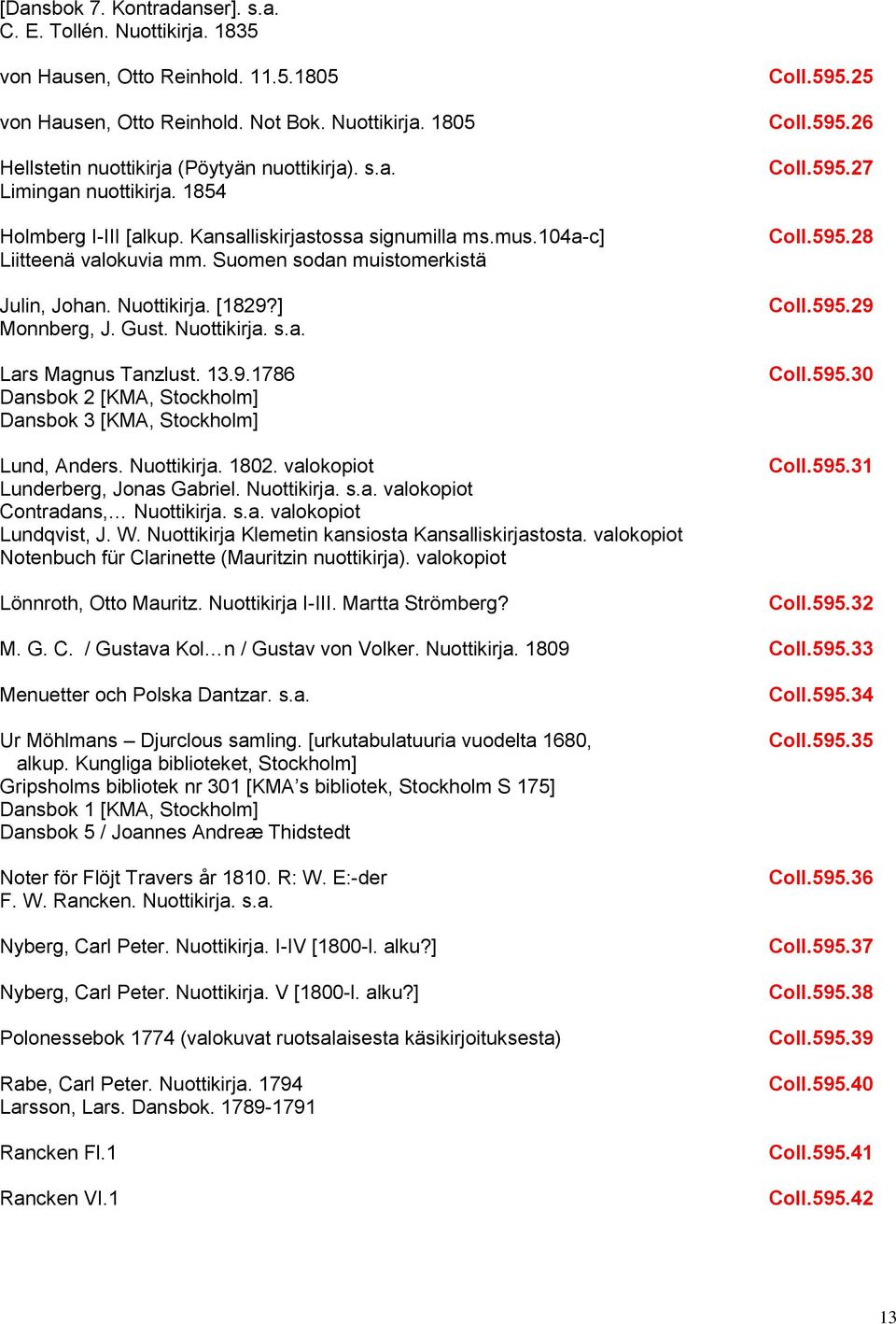 ] Monnberg, J. Gust. Nuottikirja. s.a. Lars Magnus Tanzlust. 13.9.1786 Dansbok 2 [KMA, Stockholm] Dansbok 3 [KMA, Stockholm] Lund, Anders. Nuottikirja. 1802. valokopiot Lunderberg, Jonas Gabriel.