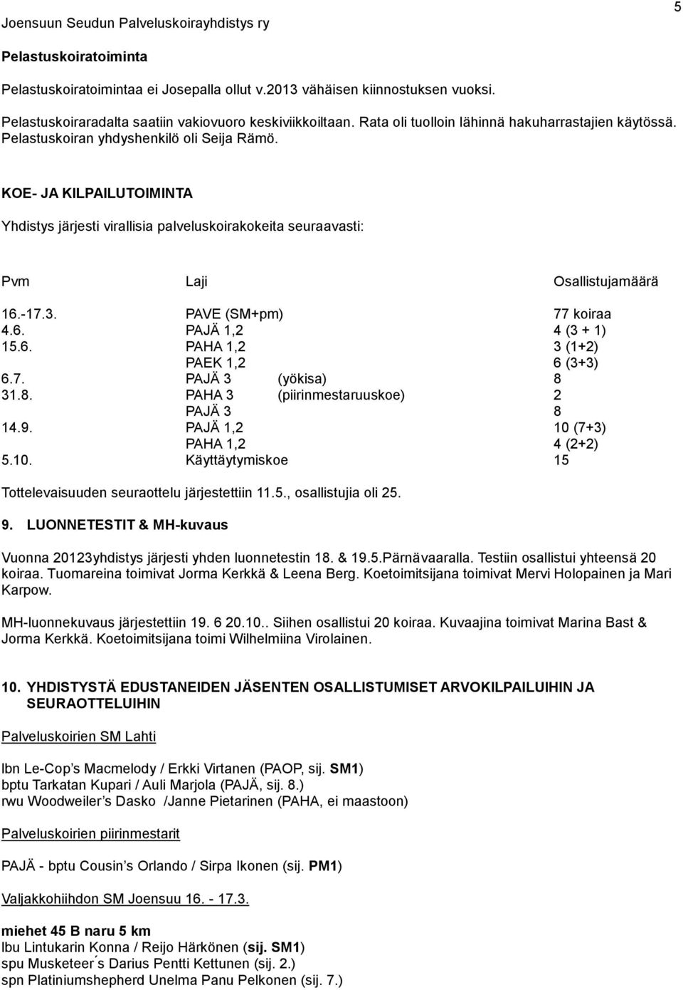 KOE- JA KILPAILUTOIMINTA Yhdistys järjesti virallisia palveluskoirakokeita seuraavasti: Pvm Laji Osallistujamäärä 16.-17.3. PAVE (SM+pm) 77 koiraa 4.6. PAJÄ 1,2 4 (3 + 1) 15.6. PAHA 1,2 3 (1+2) PAEK 1,2 6 (3+3) 6.