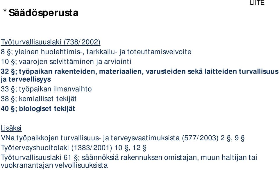 38 ; kemialliset tekijät 40 ; biologiset tekijät Lisäksi VNa työpaikkojen turvallisuus- ja terveysvaatimuksista (577/2003) 2, 9