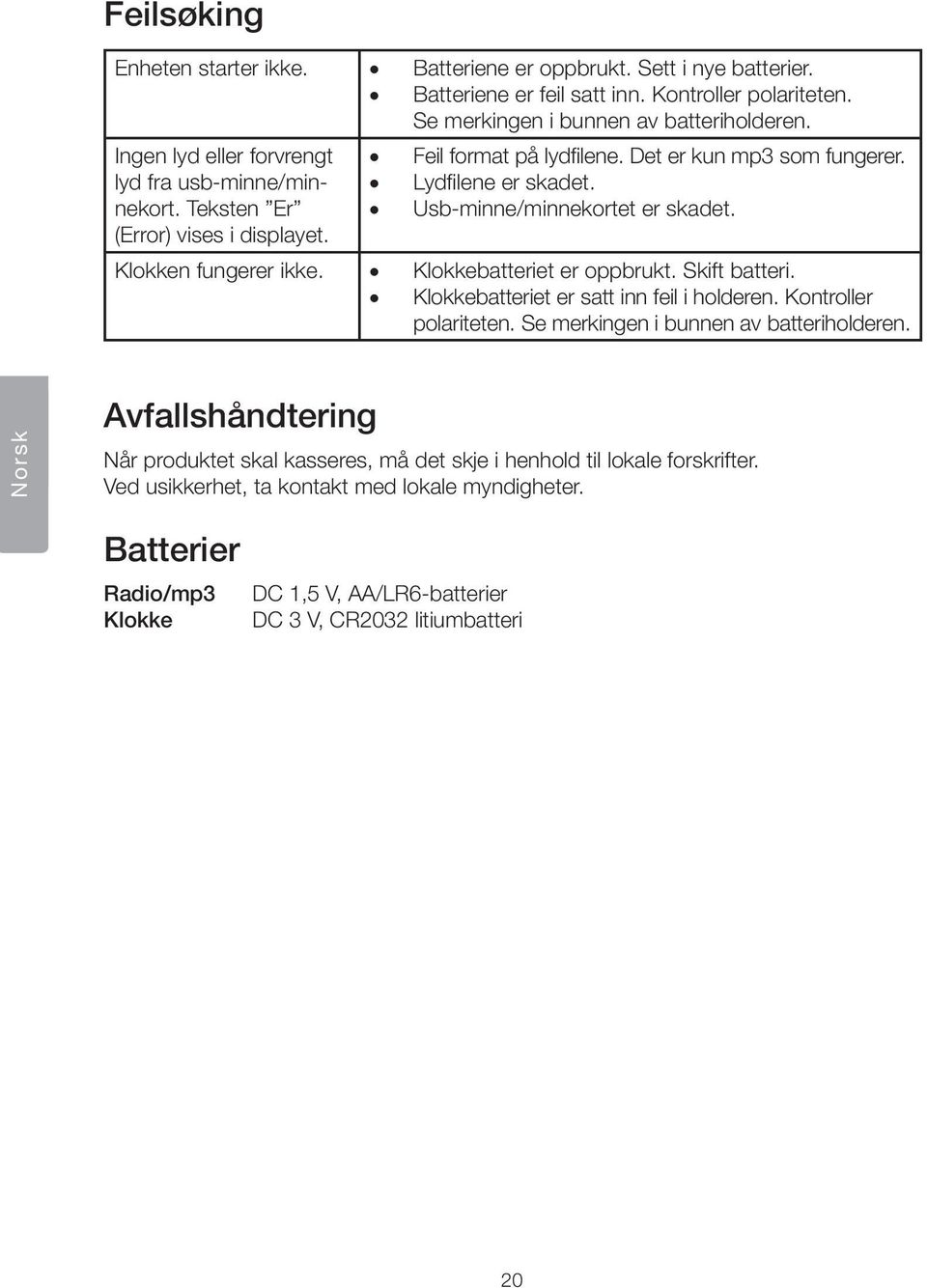 Usb-minne/minnekortet er skadet. Klokken fungerer ikke. Klokkebatteriet er oppbrukt. Skift batteri. Klokkebatteriet er satt inn feil i holderen. Kontroller polariteten.