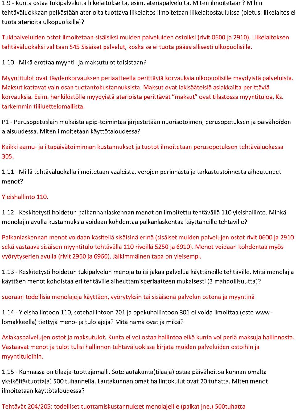 Tukipalveluiden ostot ilmoitetaan sisäisiksi muiden palveluiden ostoiksi (rivit 0600 ja 2910).