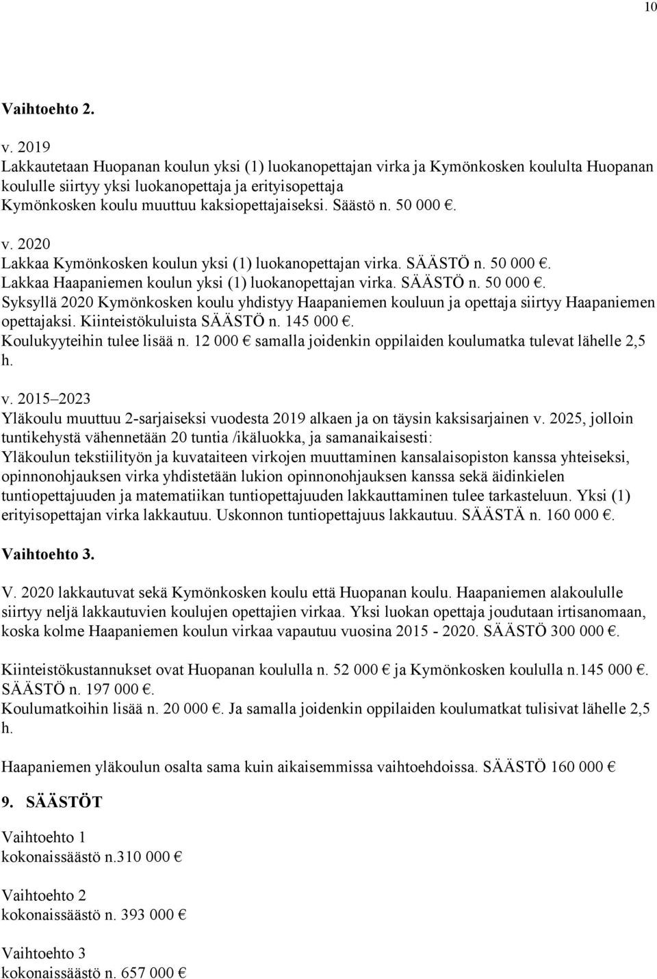 Säästö n. 50 000. v. 2020 Lakkaa Kymönkosken koulun yksi (1) luokanopettajan virka. SÄÄSTÖ n. 50 000. Lakkaa Haapaniemen koulun yksi (1) luokanopettajan virka. SÄÄSTÖ n. 50 000. Syksyllä 2020 Kymönkosken koulu yhdistyy Haapaniemen kouluun ja opettaja siirtyy Haapaniemen opettajaksi.