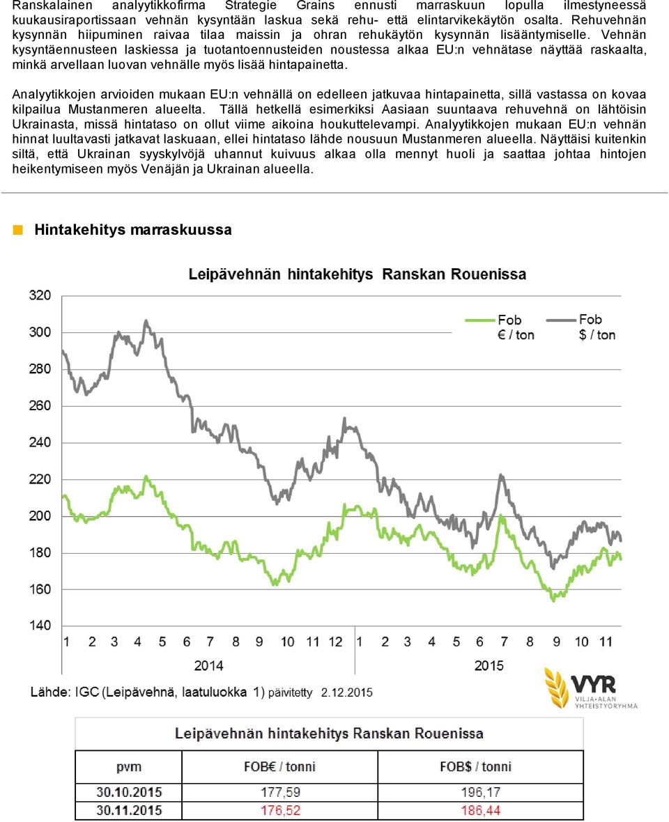 Vehnän kysyntäennusteen laskiessa ja tuotantoennusteiden noustessa alkaa EU:n vehnätase näyttää raskaalta, minkä arvellaan luovan vehnälle myös lisää hintapainetta.