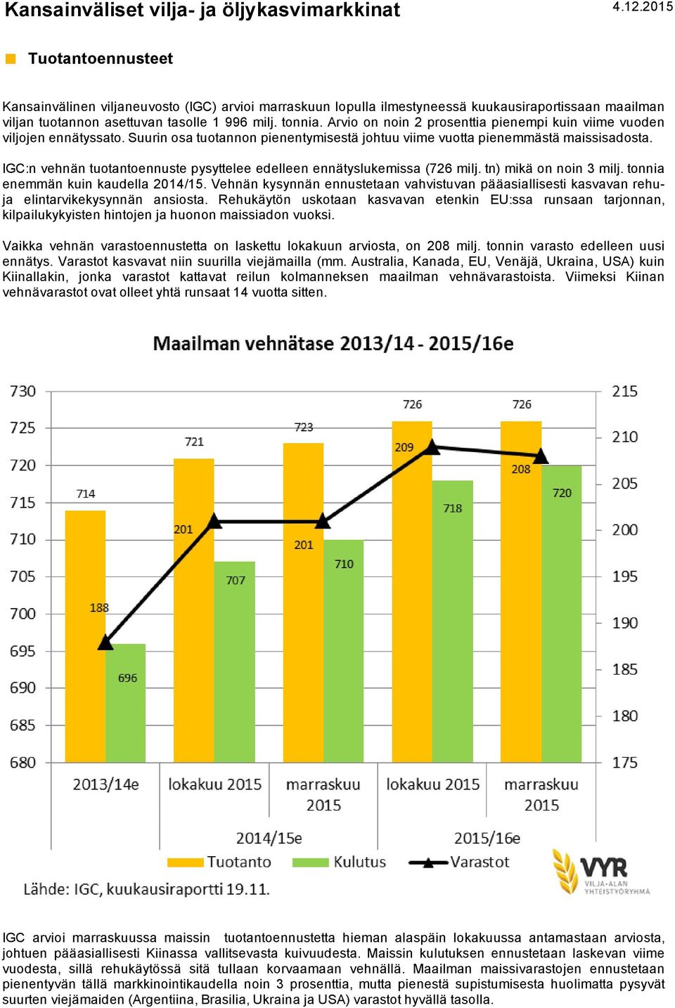 Arvio on noin 2 prosenttia pienempi kuin viime vuoden viljojen ennätyssato. Suurin osa tuotannon pienentymisestä johtuu viime vuotta pienemmästä maissisadosta.