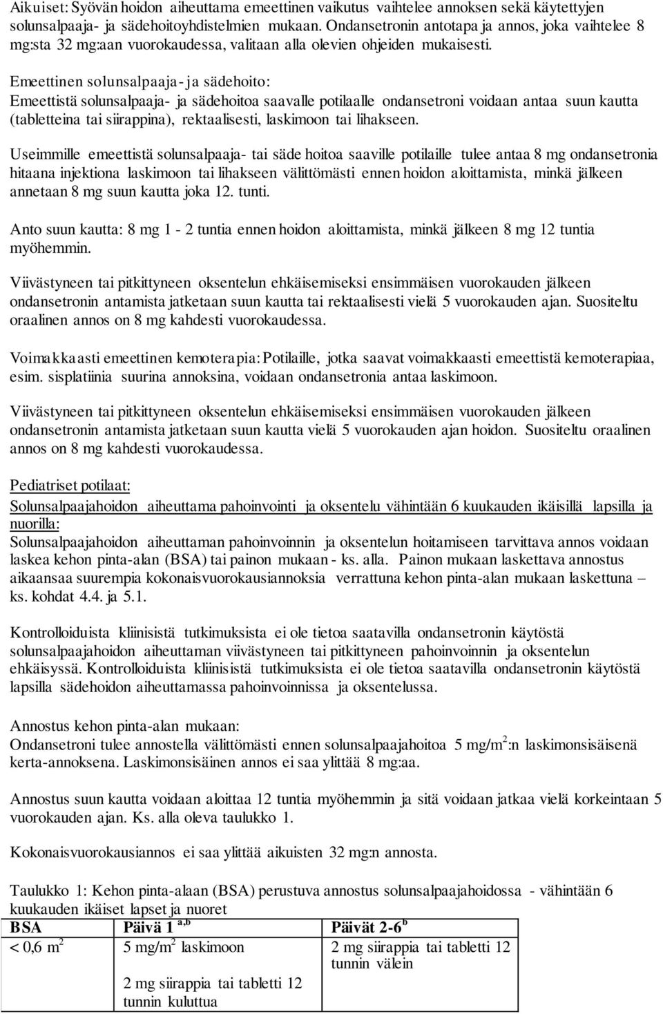 Emeettinen solunsalpaaja- ja sädehoito: Emeettistä solunsalpaaja- ja sädehoitoa saavalle potilaalle ondansetroni voidaan antaa suun kautta (tabletteina tai siirappina), rektaalisesti, laskimoon tai