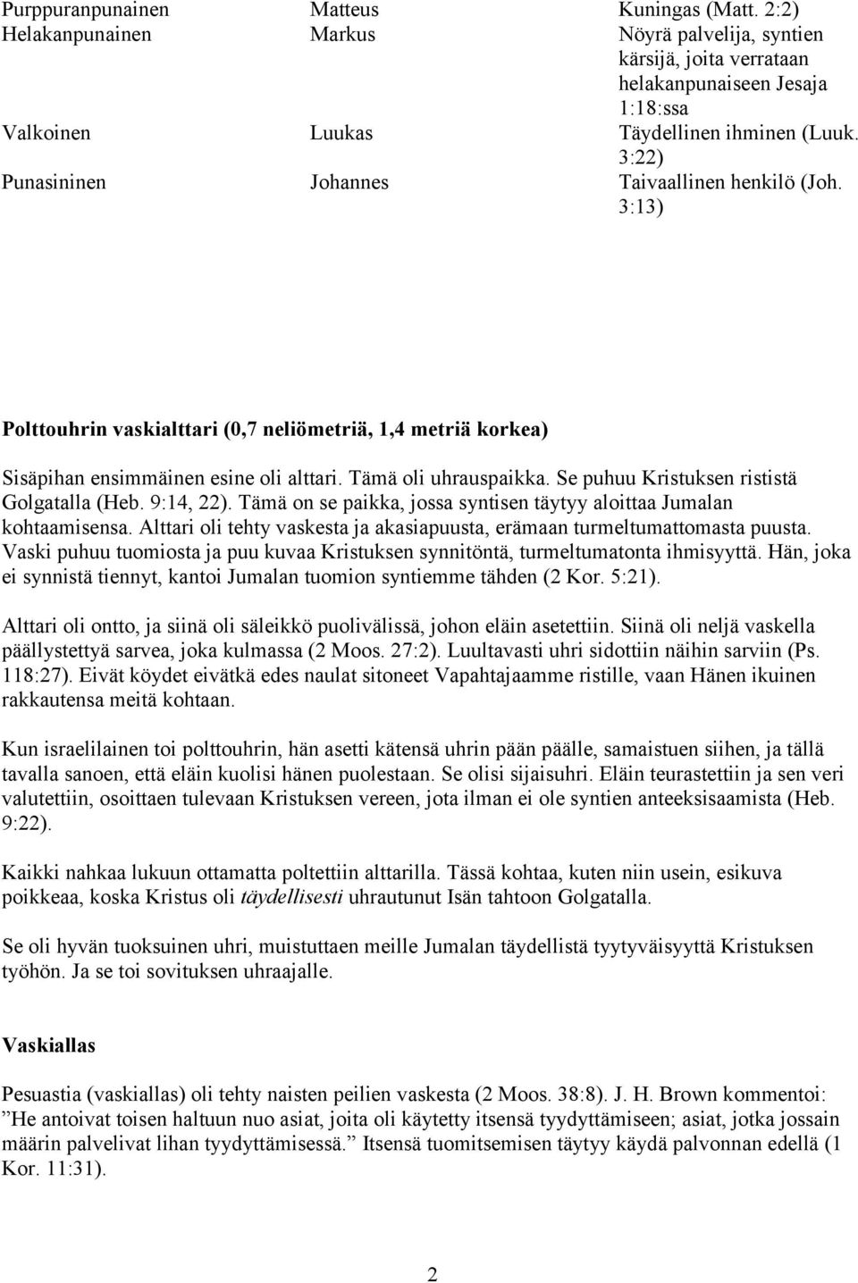 3:13) Polttouhrin vaskialttari (0,7 neliömetriä, 1,4 metriä korkea) Sisäpihan ensimmäinen esine oli alttari. Tämä oli uhrauspaikka. Se puhuu Kristuksen rististä Golgatalla (Heb. 9:14, 22).