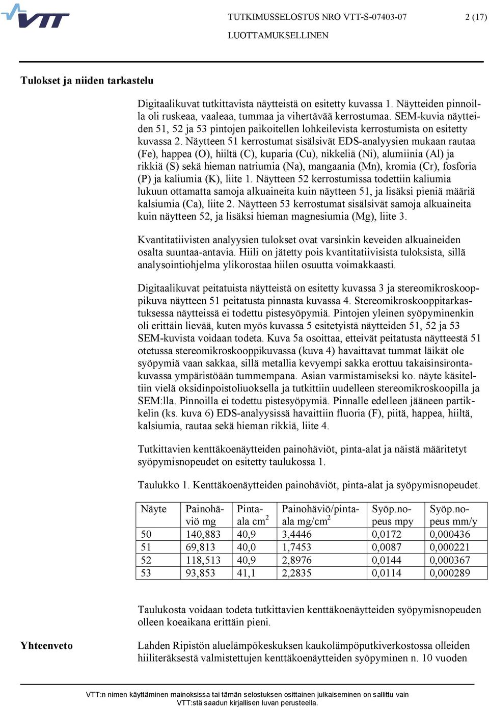 Näytteen 51 kerrostumat sisälsivät EDS analyysien mukaan rautaa (Fe), happea (O), hiiltä (C), kuparia (Cu), nikkeliä (Ni), alumiinia (Al) ja rikkiä (S) sekä hieman natriumia (Na), mangaania (Mn),