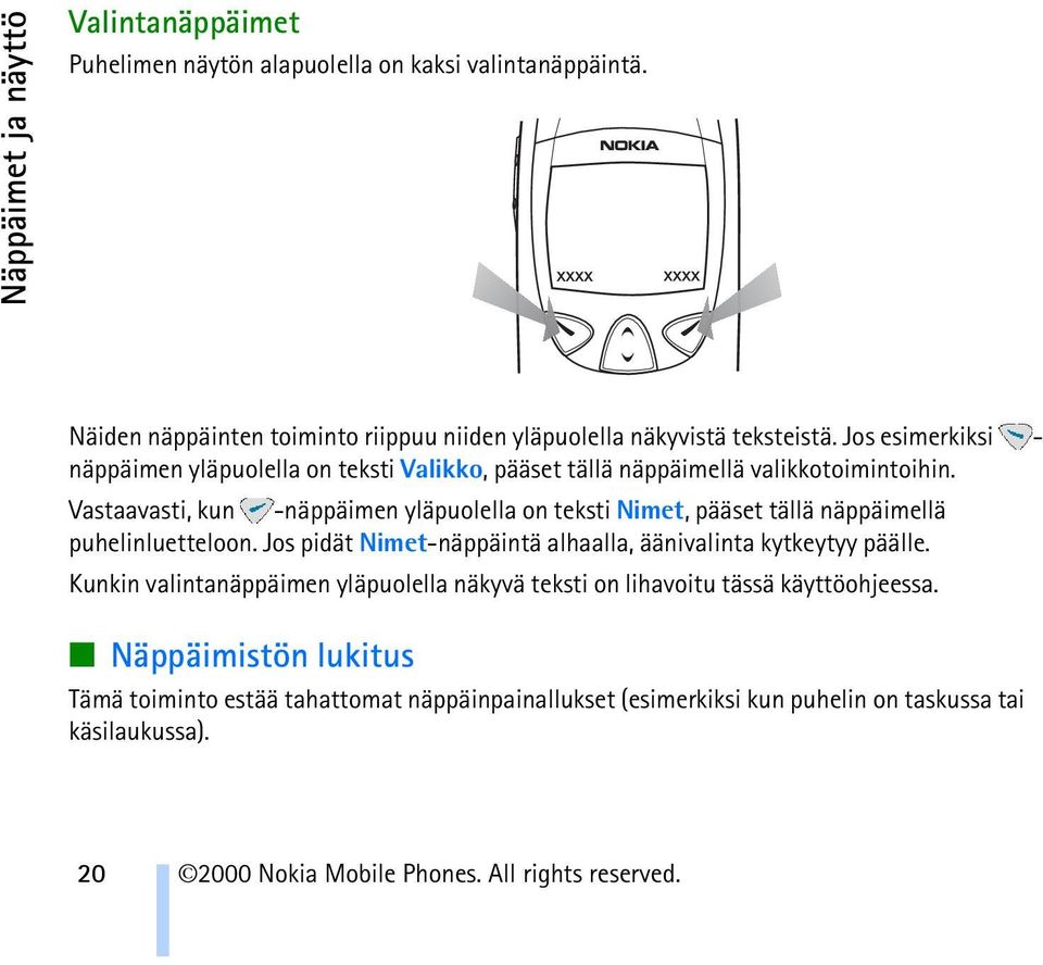 Vastaavasti, kun -näppäimen yläpuolella on teksti Nimet, pääset tällä näppäimellä puhelinluetteloon. Jos pidät Nimet-näppäintä alhaalla, äänivalinta kytkeytyy päälle.