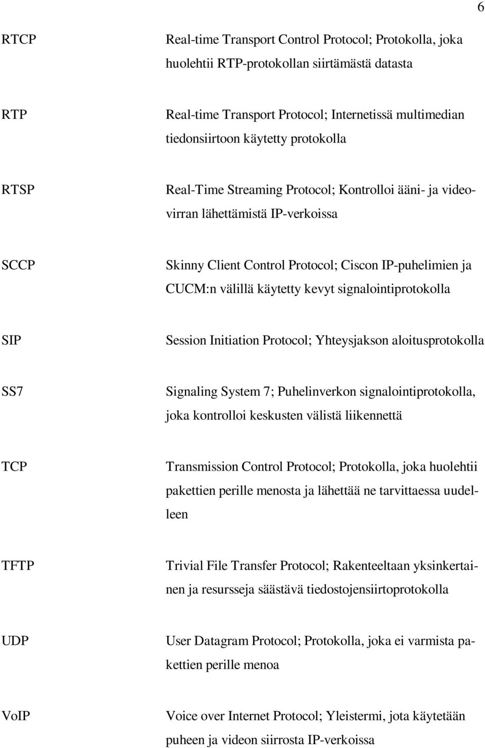 signalointiprotokolla SIP Session Initiation Protocol; Yhteysjakson aloitusprotokolla SS7 Signaling System 7; Puhelinverkon signalointiprotokolla, joka kontrolloi keskusten välistä liikennettä TCP