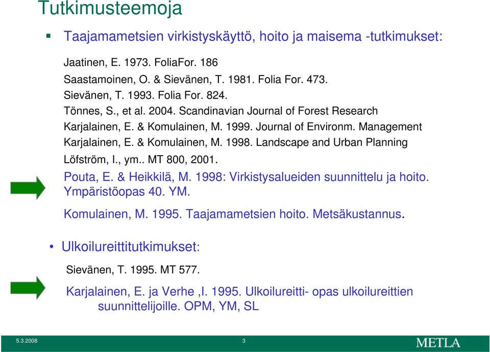 Landscape and Urban Planning Löfström, I., ym.. MT 800, 2001. Pouta, E. & Heikkilä, M. 1998: Virkistysalueiden suunnittelu ja hoito. Ympäristöopas 40. YM. Komulainen, M. 1995.