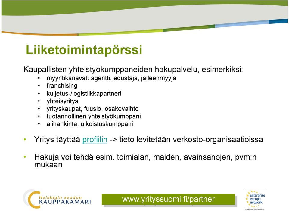 tuotannollinen yhteistyökumppani alihankinta, ulkoistuskumppani Yritys täyttää profiilin -> tieto levitetään