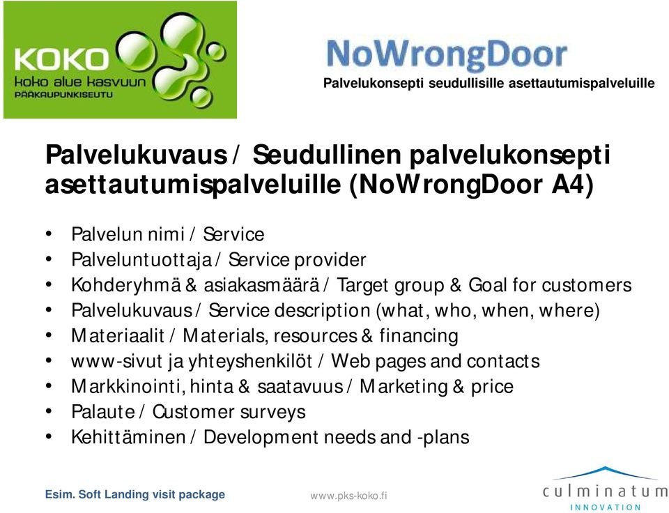 when, where) Materiaalit / Materials, resources & financing www-sivut ja yhteyshenkilöt / Web pages and contacts Markkinointi,