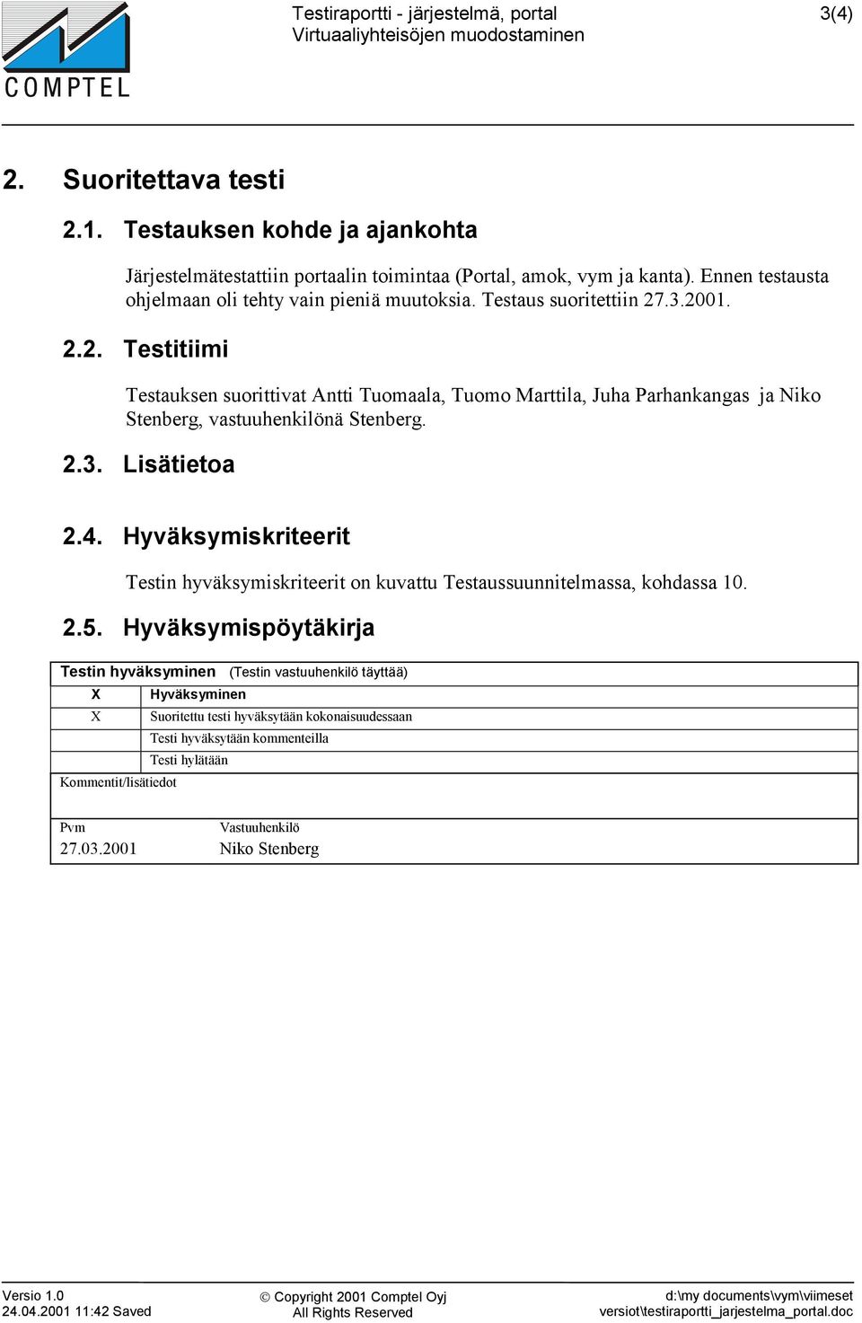 .3.2001. 2.2. Testitiimi Testauksen suorittivat Antti Tuomaala, Tuomo Marttila, Juha Parhankangas ja Niko Stenberg, vastuuhenkilönä Stenberg. 2.3. Lisätietoa 2.4.