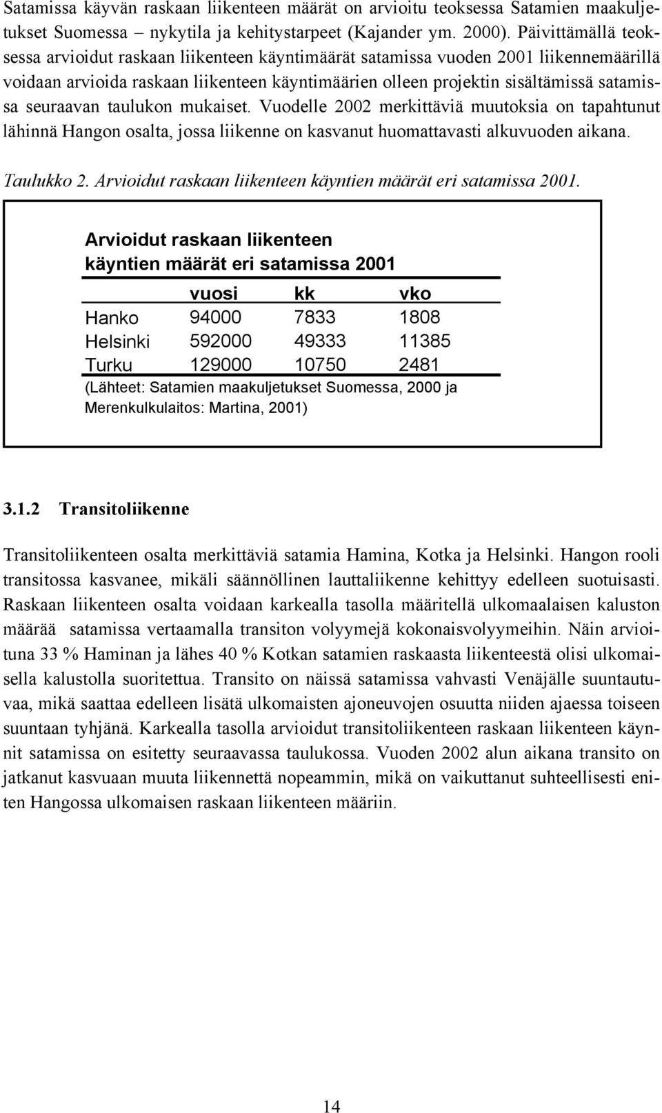 seuraavan taulukon mukaiset. Vuodelle 2002 merkittäviä muutoksia on tapahtunut lähinnä Hangon osalta, jossa liikenne on kasvanut huomattavasti alkuvuoden aikana. Taulukko 2.