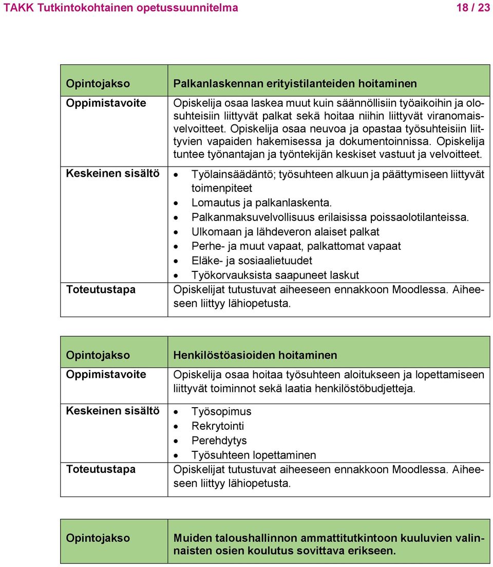 Opiskelija tuntee työnantajan ja työntekijän keskiset vastuut ja velvoitteet. Keskeinen sisältö Työlainsäädäntö; työsuhteen alkuun ja päättymiseen liittyvät toimenpiteet Lomautus ja palkanlaskenta.