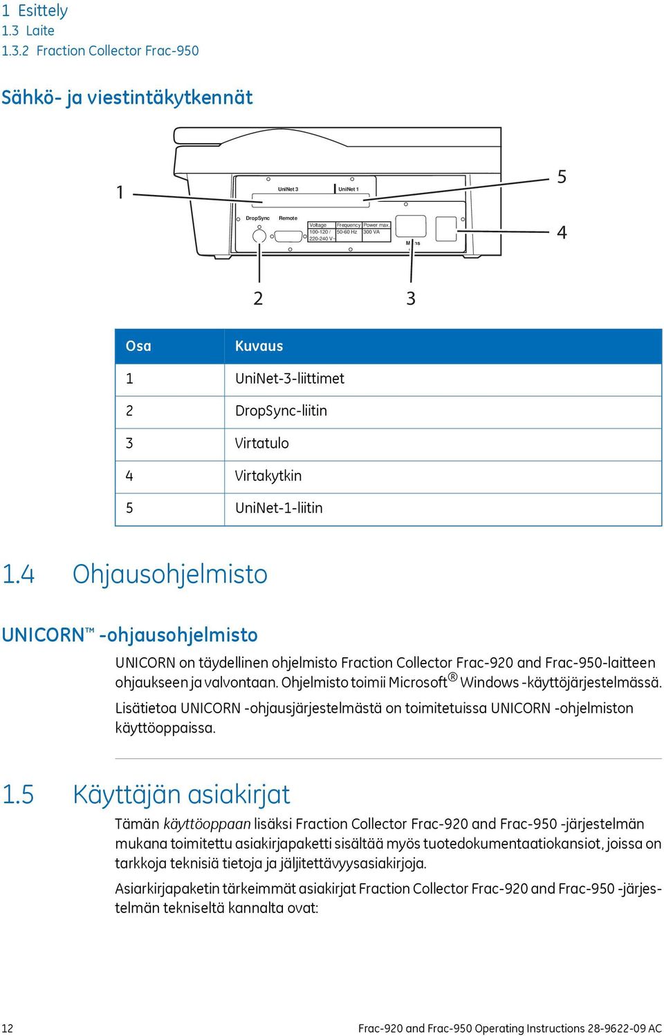 4 Ohjausohjelmisto UNICORN -ohjausohjelmisto UNICORN on täydellinen ohjelmisto Fraction Collector Frac-920 and Frac-950-laitteen ohjaukseen ja valvontaan.