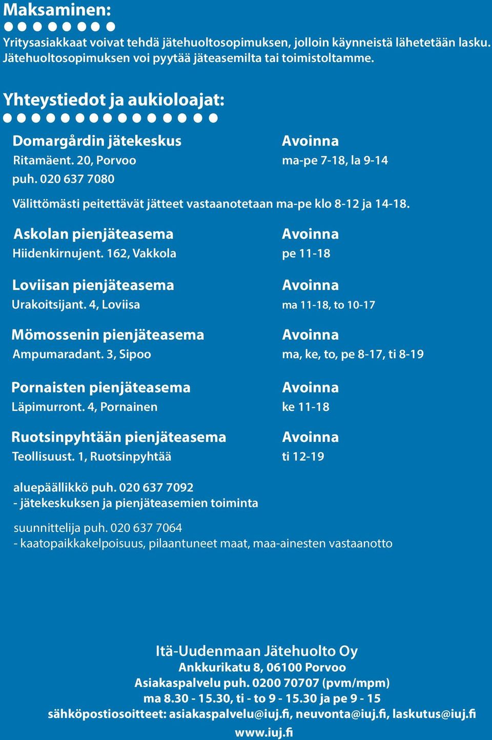 Askolan pienjäteasema Hiidenkirnujent. 162, Vakkola pe 11-18 Loviisan pienjäteasema Urakoitsijant. 4, Loviisa ma 11-18, to 10-17 Mömossenin pienjäteasema Ampumaradant.