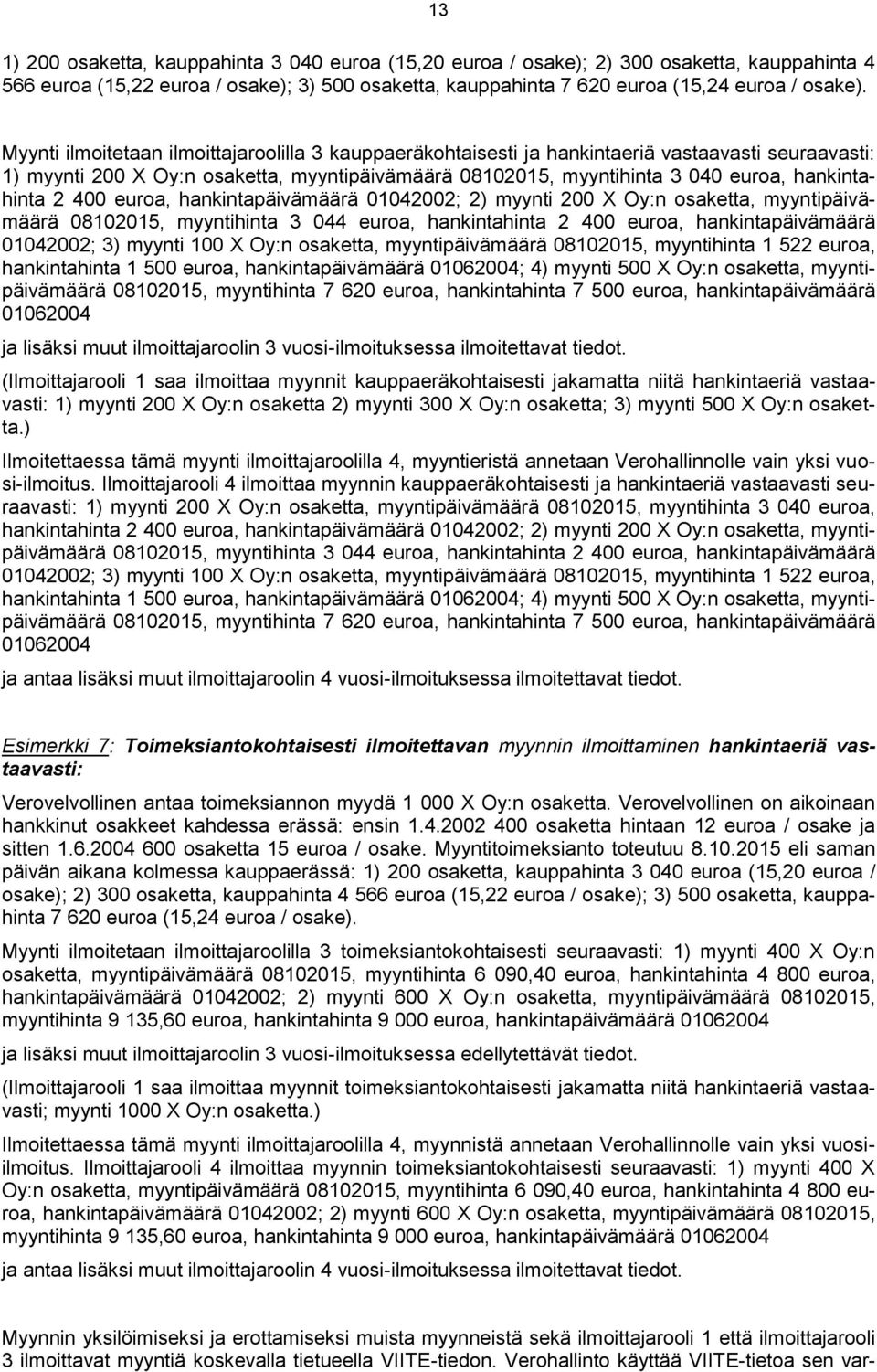 2 400 euroa, hankintapäivämäärä 01042002; 2) myynti 200 X Oy:n osaketta, myyntipäivämäärä 08102015, myyntihinta 3 044 euroa, hankintahinta 2 400 euroa, hankintapäivämäärä 01042002; 3) myynti 100 X