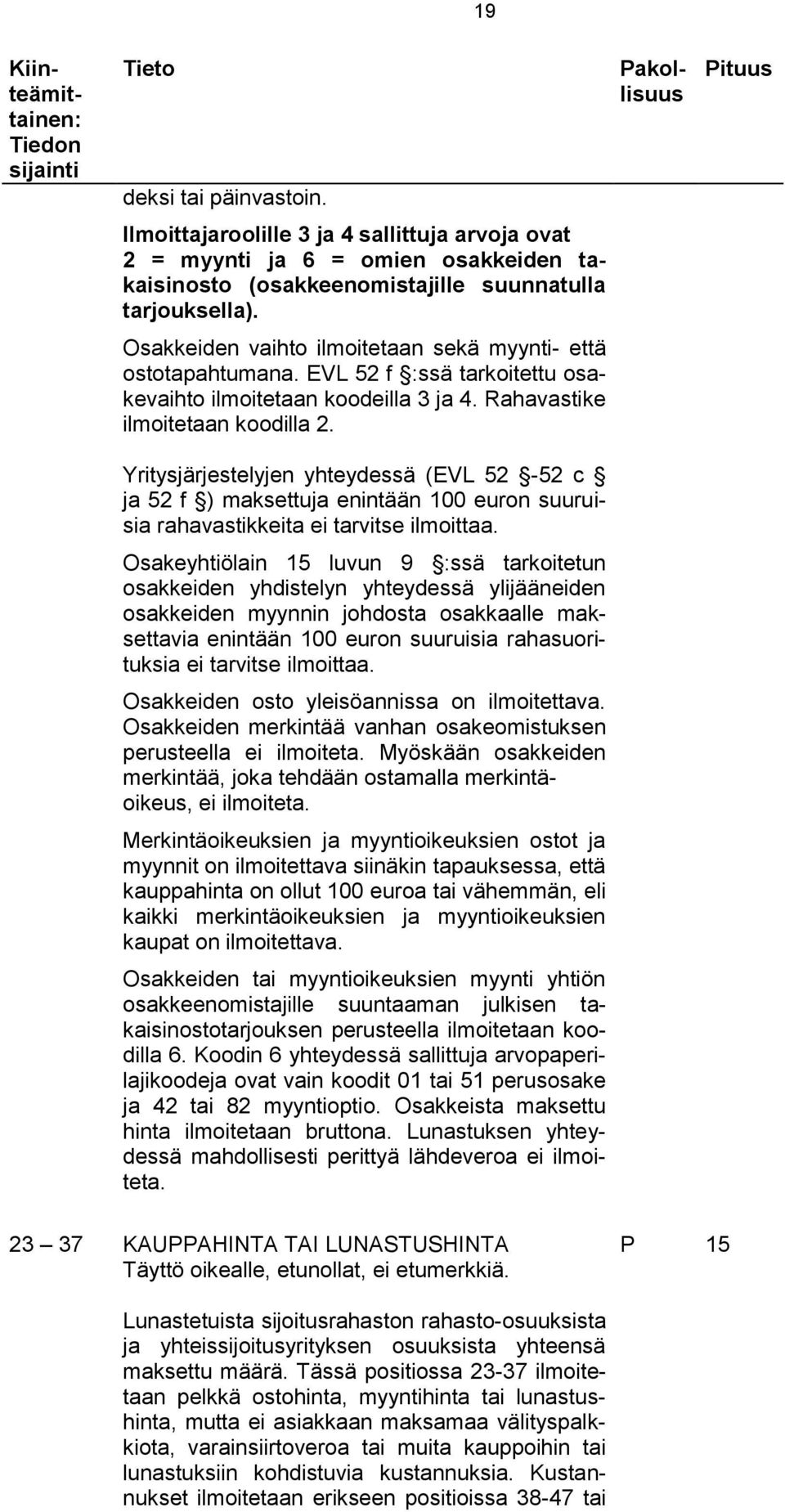 Osakkeiden vaihto ilmoitetaan sekä myynti- että ostotapahtumana. EVL 52 f :ssä tarkoitettu osakevaihto ilmoitetaan koodeilla 3 ja 4. Rahavastike ilmoitetaan koodilla 2.