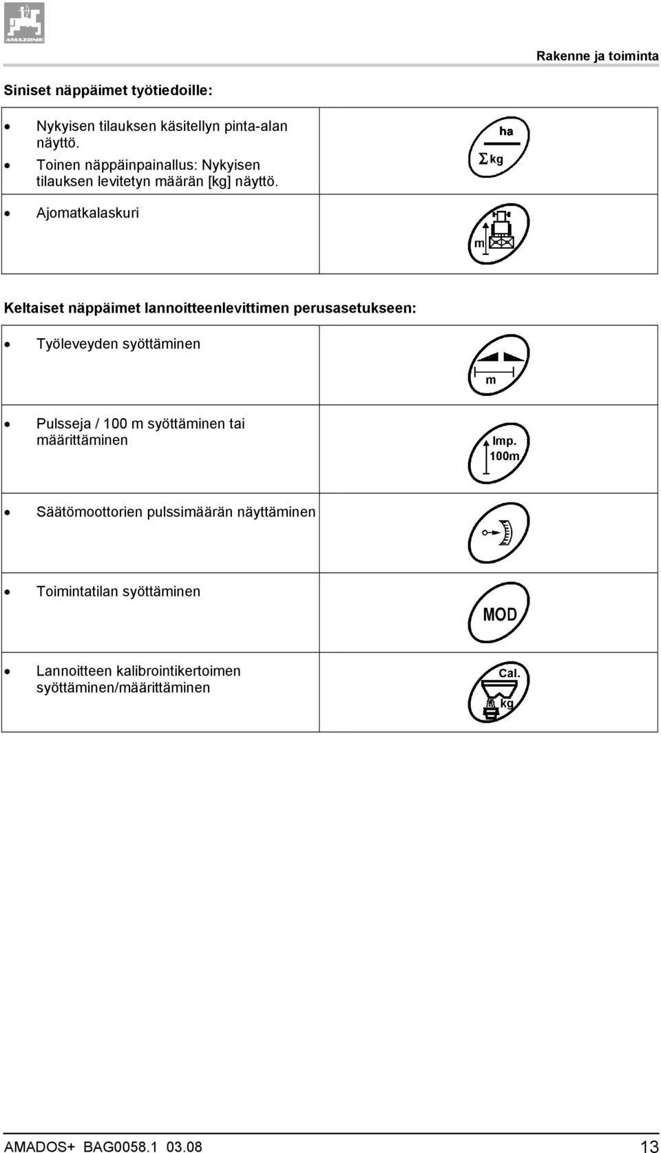 Ajomatkalaskuri Keltaiset näppäimet lannoitteenlevittimen perusasetukseen: Työleveyden syöttäminen Pulsseja / 100 m