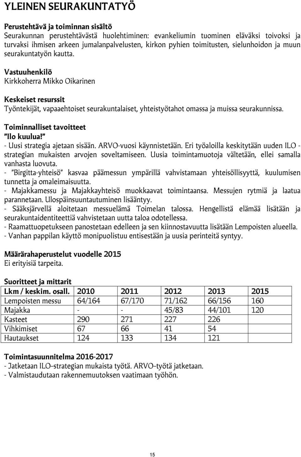 Vastuuhenkilö Kirkkoherra Mikko Oikarinen Keskeiset resurssit Työntekijät, vapaaehtoiset seurakuntalaiset, yhteistyötahot omassa ja muissa seurakunnissa. Toiminnalliset tavoitteet Ilo kuulua!