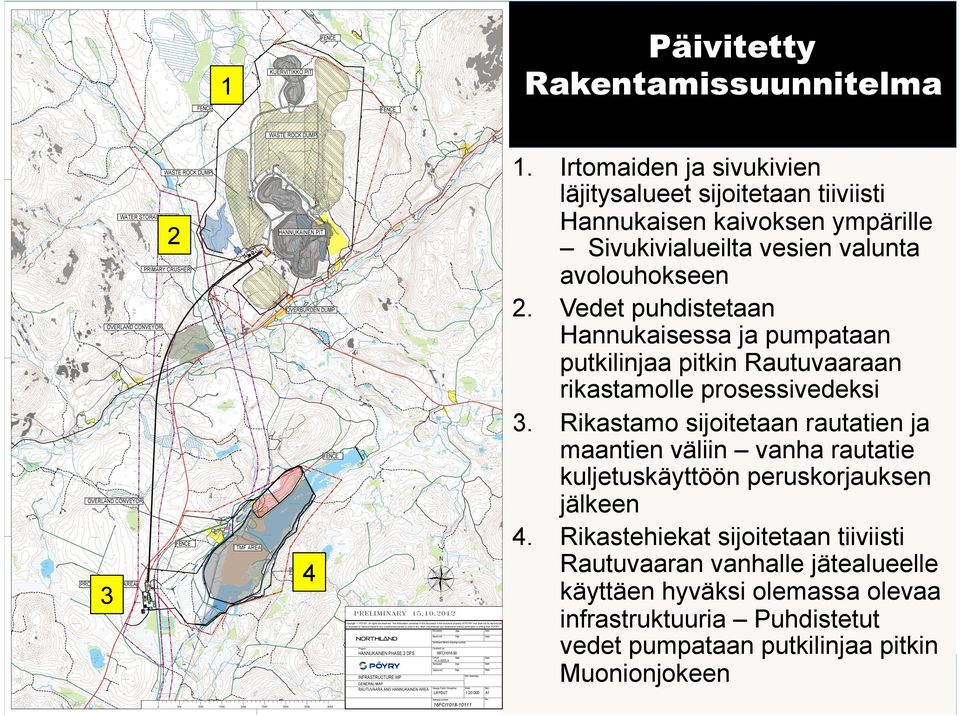 Vedet puhdistetaan Hannukaisessa ja pumpataan putkilinjaa pitkin Rautuvaaraan rikastamolle prosessivedeksi 3.