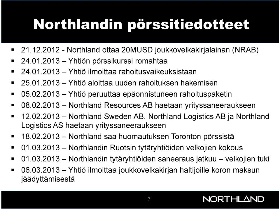 02.2013 Northland saa huomautuksen Toronton pörssistä 01.03.2013 Northlandin Ruotsin tytäryhtiöiden velkojien kokous 01.03.2013 Northlandin tytäryhtiöiden saneeraus jatkuu velkojien tuki 06.