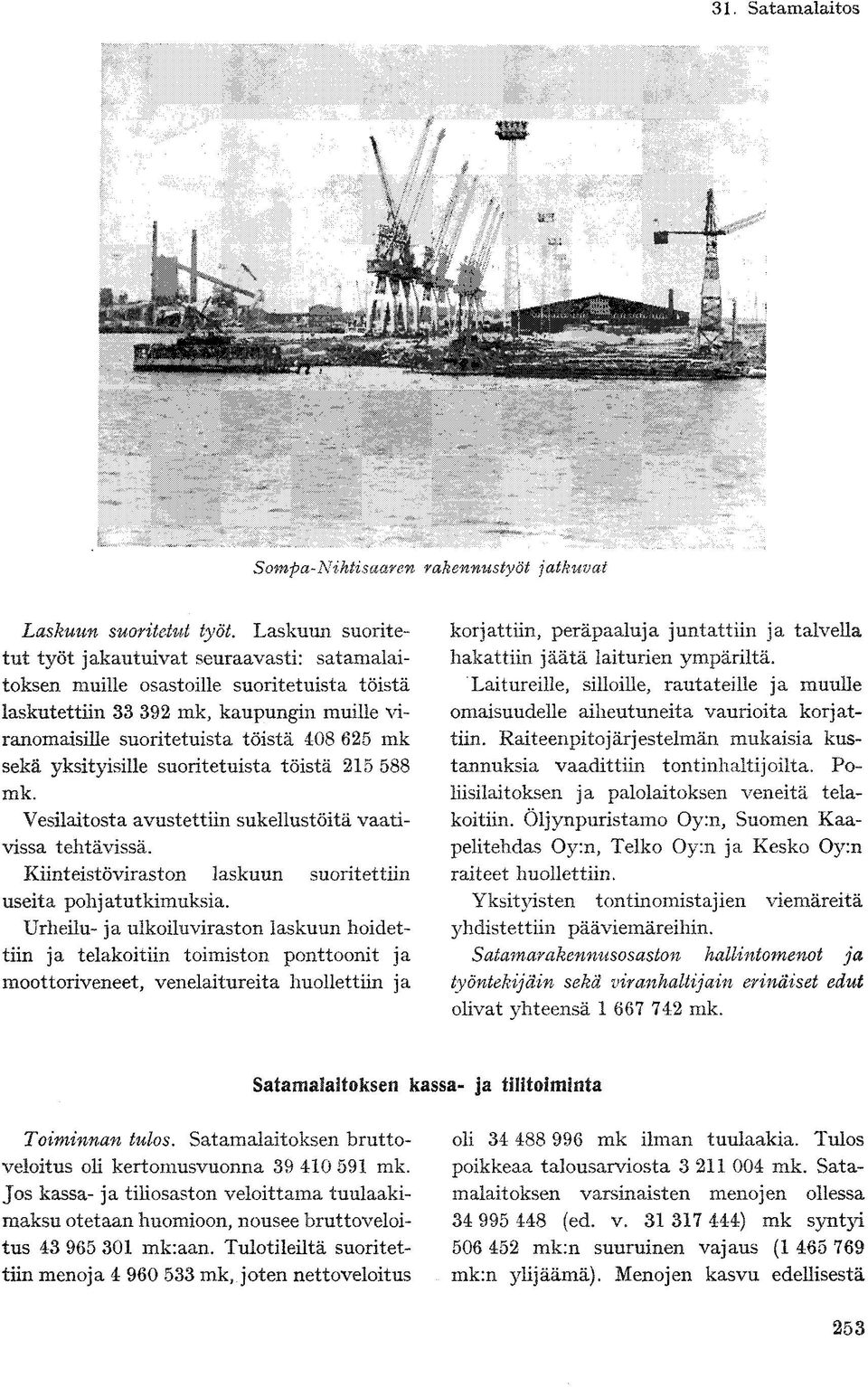 yksityisille suoritetuista töistä 215 588 mk. Vesilaitosta avustettiin sukellustöitä vaativissa tehtävissä. Kiinteistöviraston laskuun suoritettiin useita pohjatutkimuksia.
