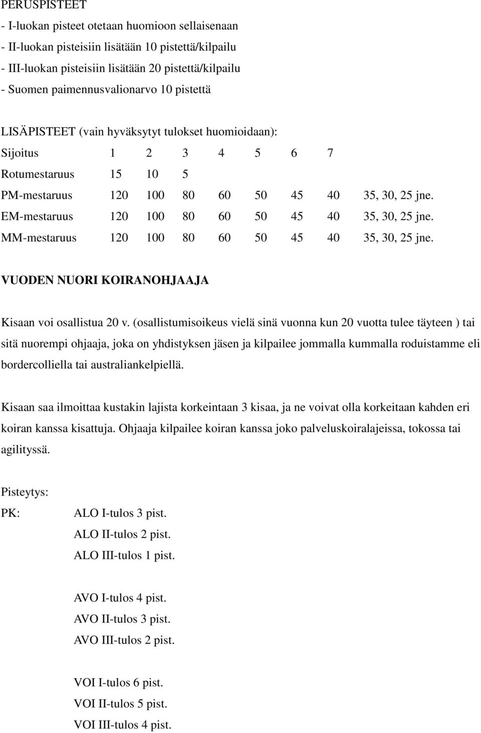 EM-mestaruus 120 100 80 60 50 45 40 35, 30, 25 jne. MM-mestaruus 120 100 80 60 50 45 40 35, 30, 25 jne. VUODEN NUORI KOIRANOHJAAJA Kisaan voi osallistua 20 v.